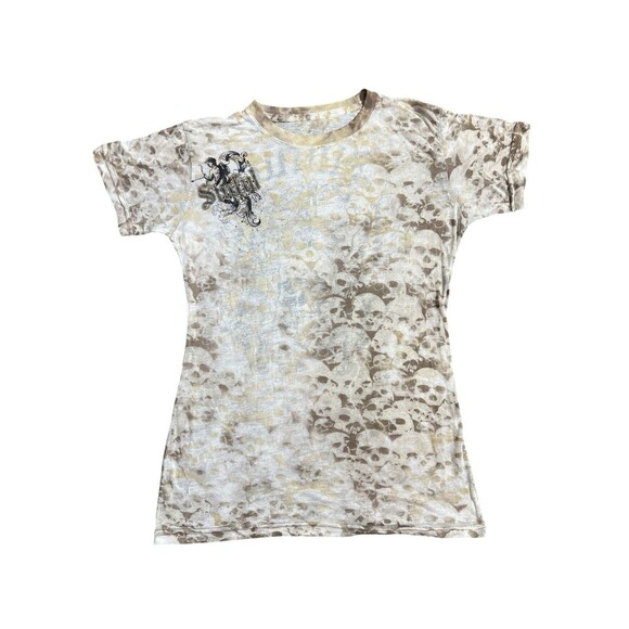 Sinful T-Shirt Womens Brown Y2K Skull Wings Transparent Grunge Distressed HTF - Picture 1 of 12